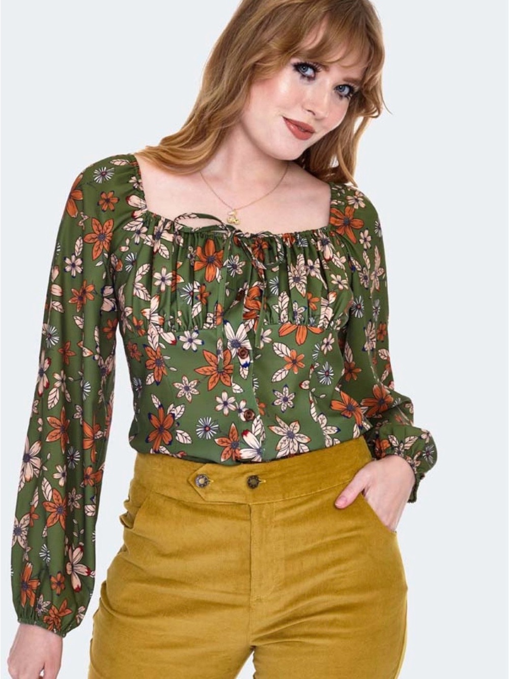 Voodoo Vixen NWT Floral Square-Neck Blouse - Olive Green US 10 (UK 14/XL)